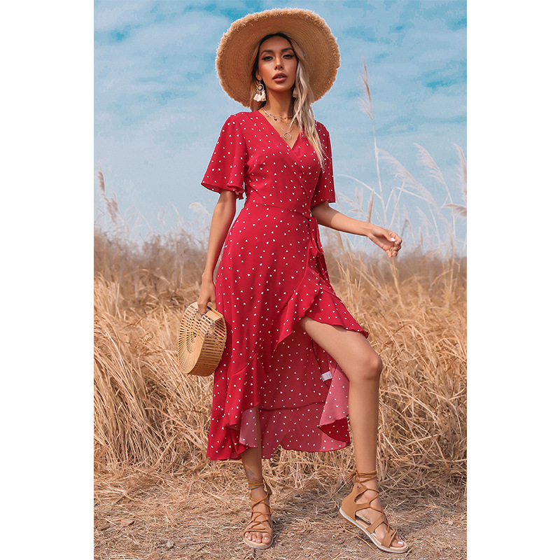 V-neck polka-dot lace-up ruffle long dress NSSA53021