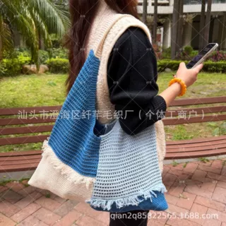 慵懒风松弛感大容量编织包包女夏季海边度假单肩沙滩包撞色托特包
