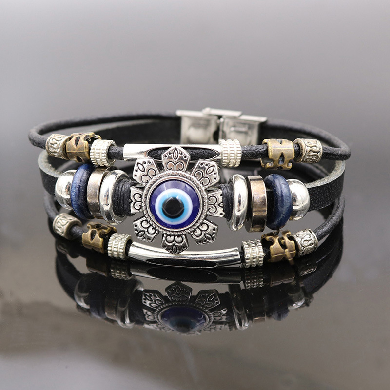 Evil Eye Bracelet Women's European and American Fashion Retro Multi-layer Beaded Leather Bracelet Creative Personality Hand Jewelry Wholesale