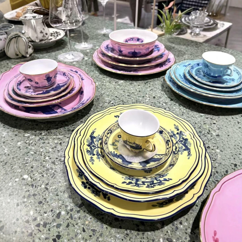 Cross-Border Hot-Selling Italian Dopamine Tableware Retro Bone China Tableware Coffee Cup and Saucer Large and Small Plates Five-Piece Set Assembly