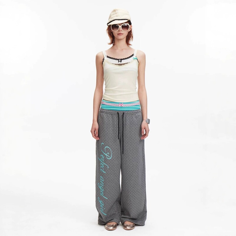Korean-Style Letter-Print Sweatpants for Women, New Autumn and Winter Gray Polka Dot Sweet Girl Style Loose Casual Straight Wide-Leg Long Pants