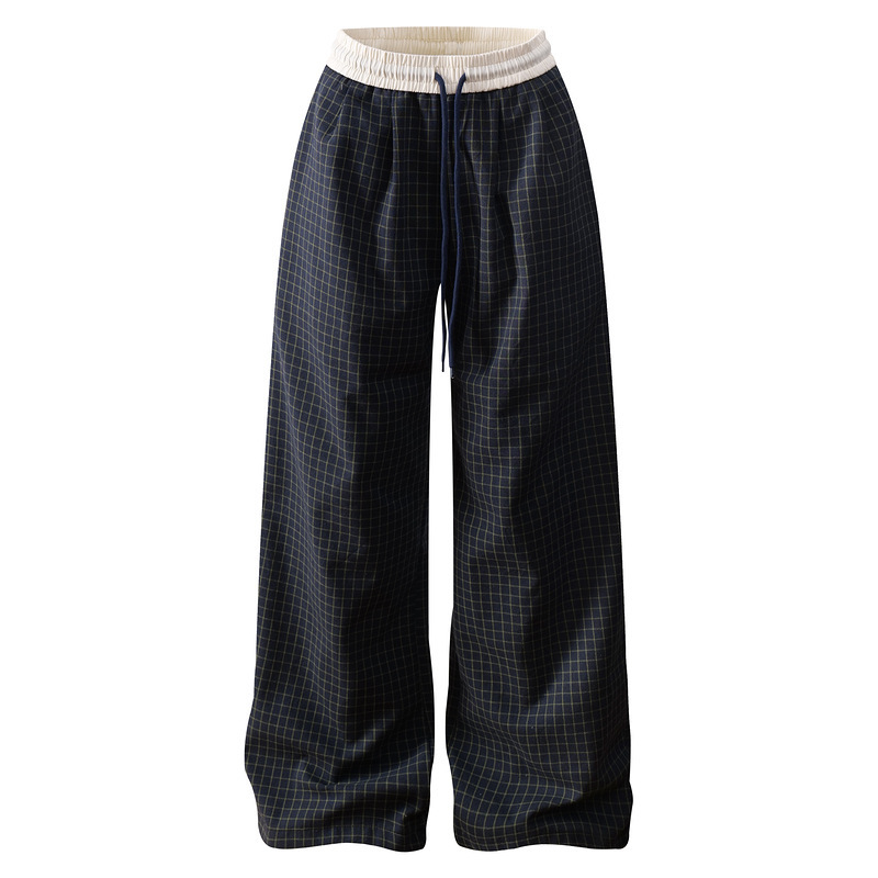 Japanese-Style Navy Blue Casual Pants for Men and Women, Summer Thin Plaid Long Pants, Loose Lazy Style, Drapey Straight Wide-Leg Pants