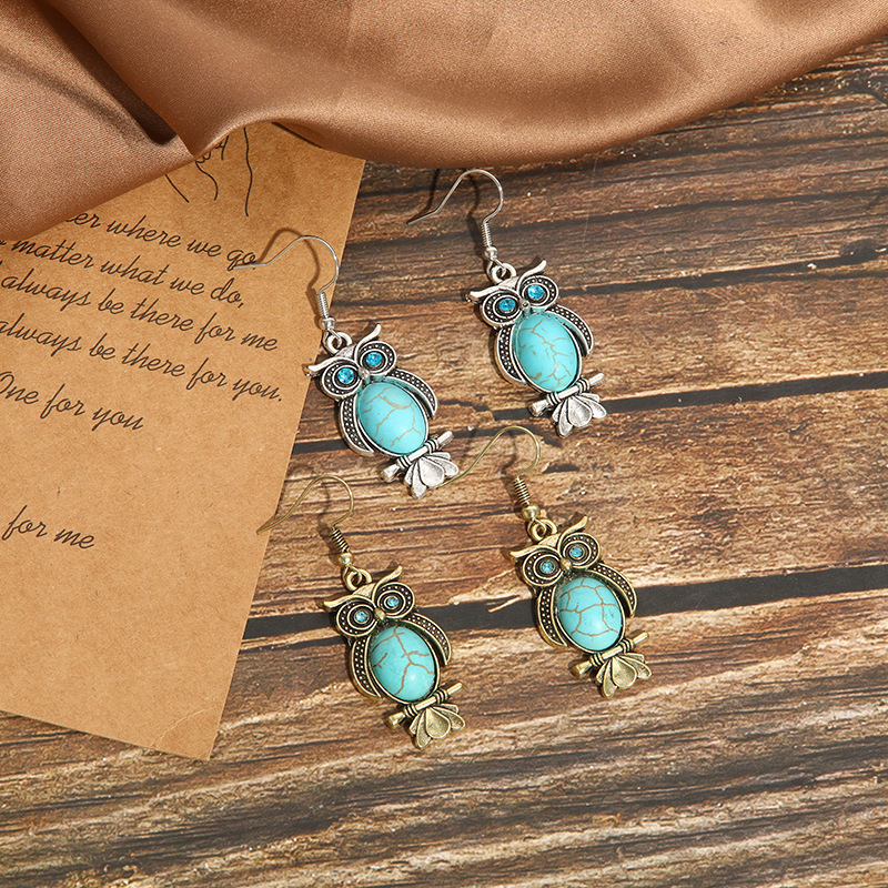 New European and American turquoise earrings retro owl factory direct earrings