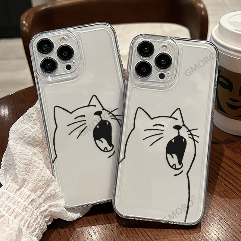 适用苹果17/16手机壳iPhone15新款14plus线稿猫咪太空壳air透明13