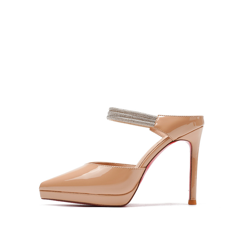 Sandal cao gót nữ mũi nhọn đính đá, quai một dây, gót 10 cm — Đen-10cm