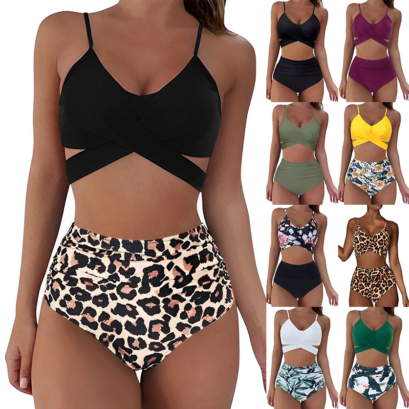 Traje de baño europeo y americano nuevo estilo traje de baño de mujer dividido de cintura alta estampado halter cruzado traje de baño de bikini multicolor bikini