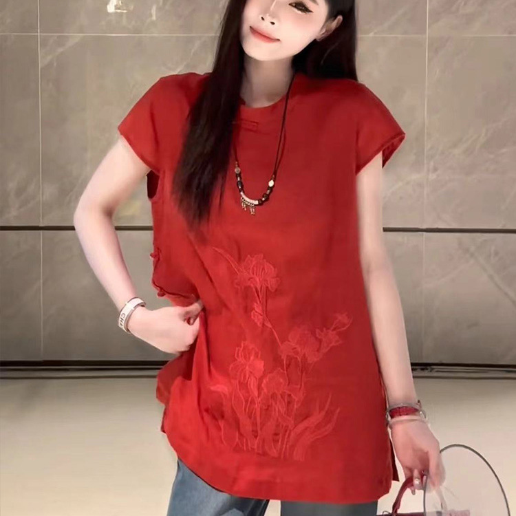 新しい中国風の女性のための白いトップス 2025 夏の新しいハイエンドのレトロなファッション刺繍半袖シャツ女性のための|undefined