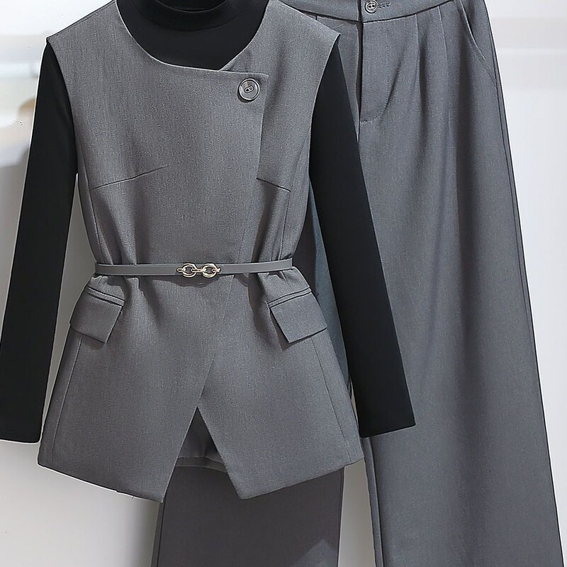 Gray Suit Vest with Half Turtleneck Bottoming Shirt, Wide-Leg Pants, Women's Autumn New Style, Three-Piece Set