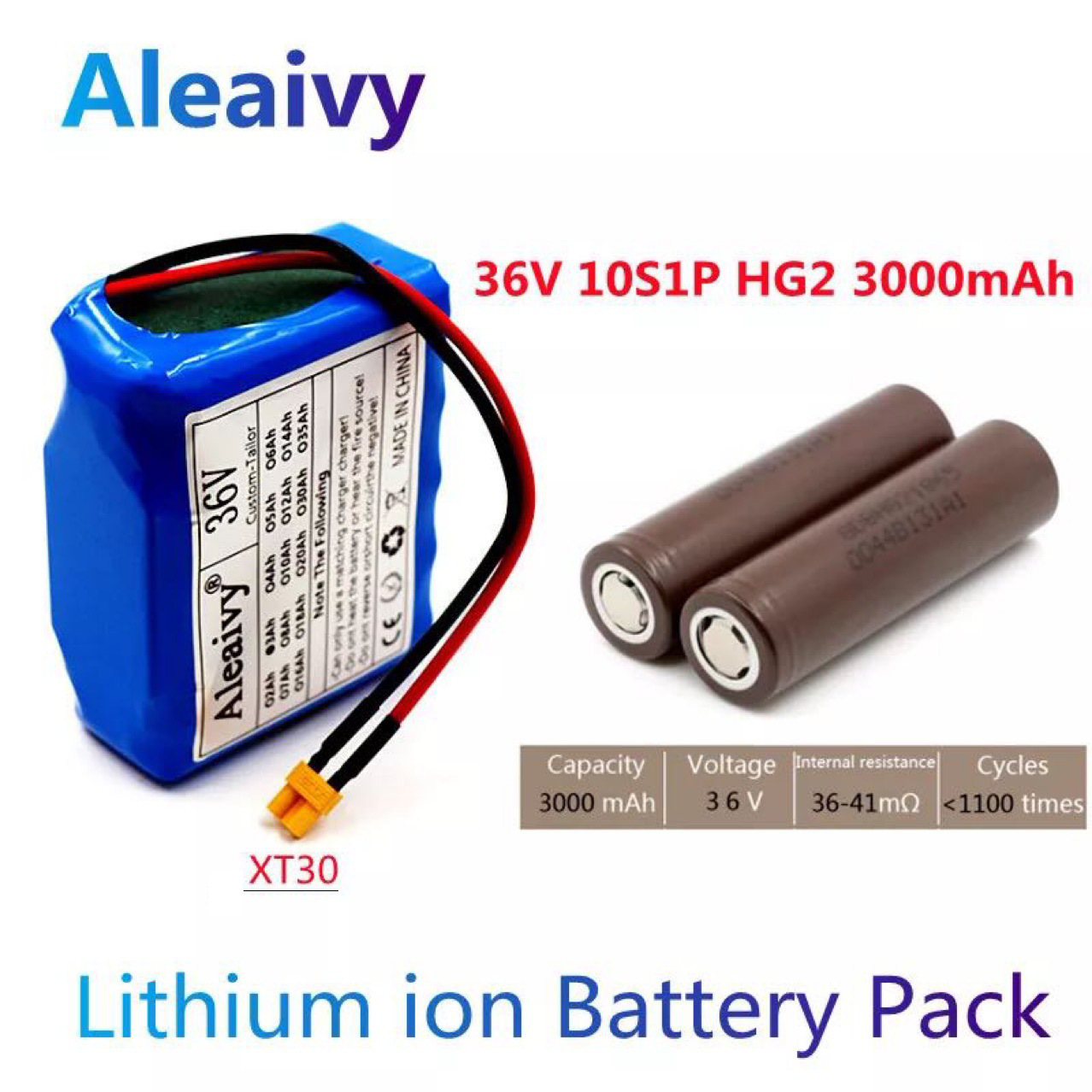 10串1并 36V 3000mAh  HG2 18650锂离子电池组M365充放电XT30插头