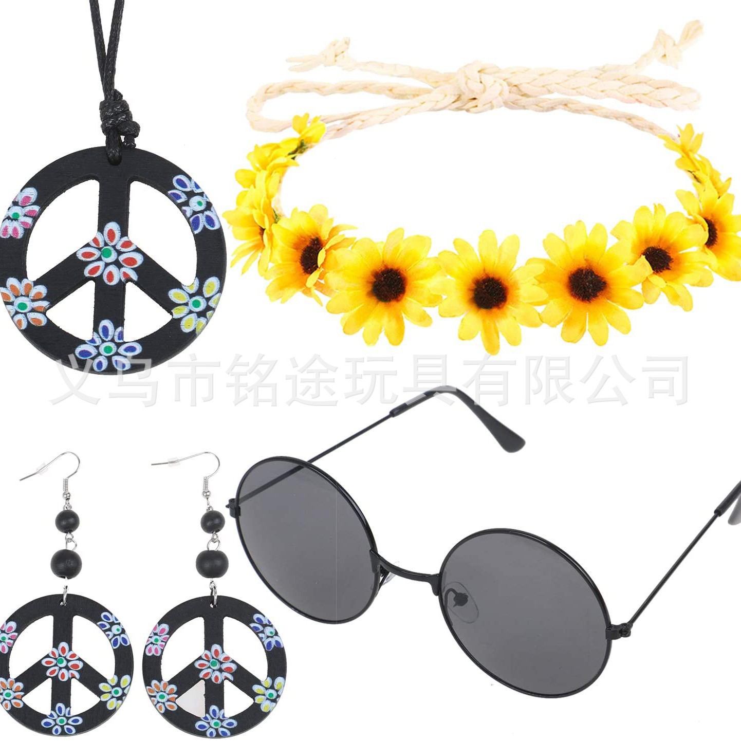 Accesorios de vestir hippies de la década de 1960, diadema de girasol, gafas redondas, conjunto de aretes de collar de talismán de paz
