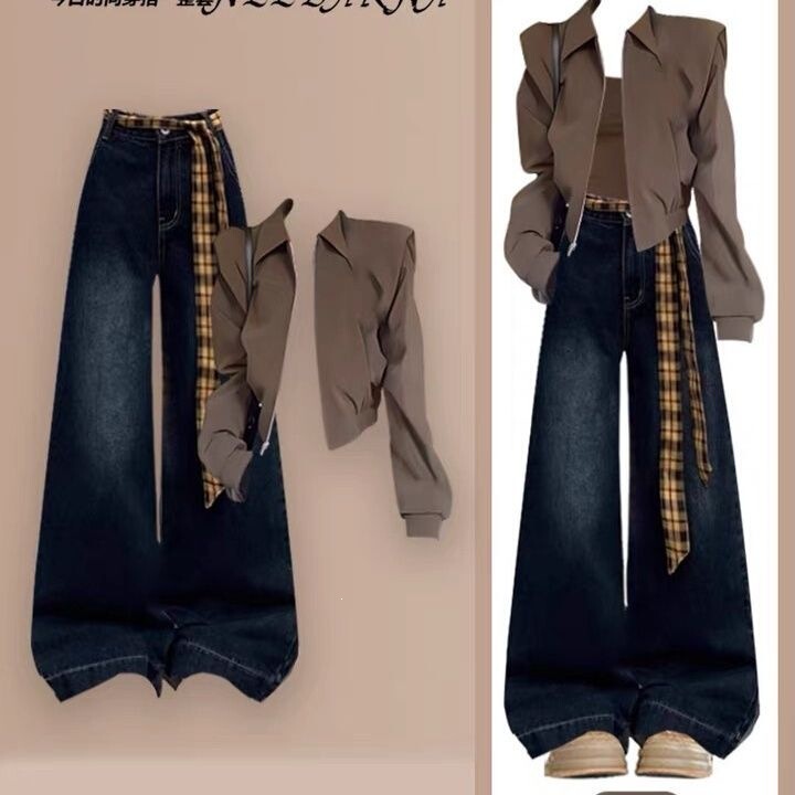 Fall 2026 new American-style Rad brown short coat, a complete two-piece set of jacket and jeans