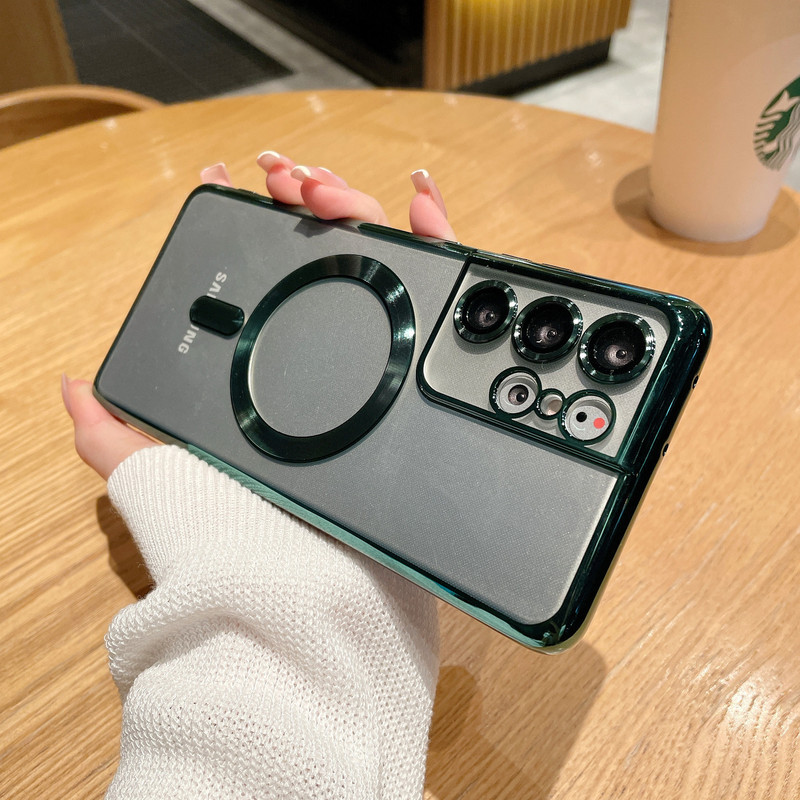 Magnetic Charging Is Suitable for Samsung S26Ultra Mobile Phone Case, Electroplated Transparent Case with Lens Film, S22Plus Soft Case S25