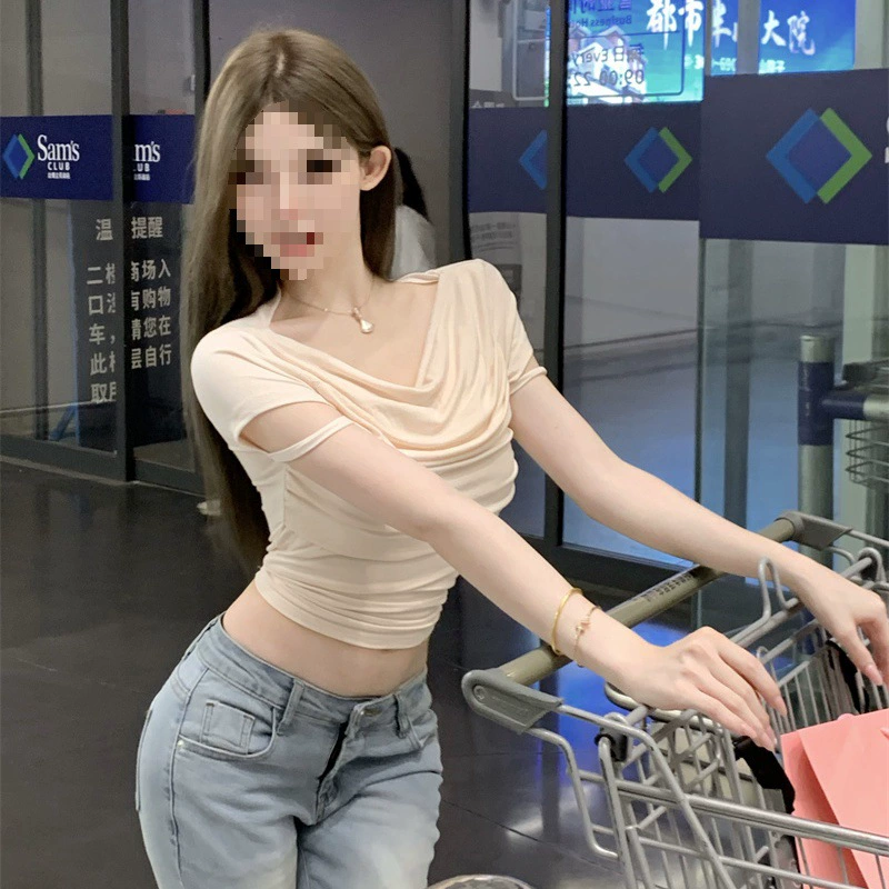 Горячий игрок с талией и воротником с короткими рукавами, футболка с тонкими топами 2024 летом новый дикий топ для женщин