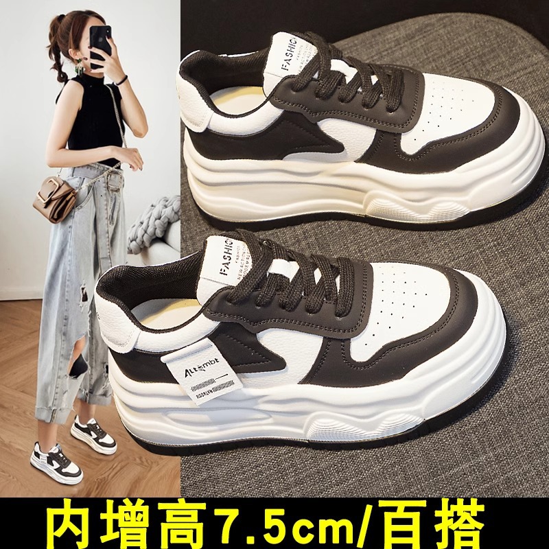 Zapatos de mujer de altura interior de cuero real 2024 primavera nueva variedad de suela gruesa pequeña muffin blanco y negro zapatos blancos zapatos de skate de mujer