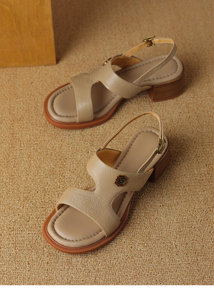 Sandal hở ngón da cừu gót thô đầu vuông quai ngang kiểu La Mã — Màu trắng be chi tiết 12