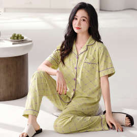 带胸垫纯棉睡衣女夏季纯棉短袖长裤开衫夏天凉感带胸垫家居服套装