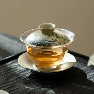 新中式盖碗茶杯米白青花纯手绘莲心映盏高硼硅玻璃耐热泡茶碗茶具