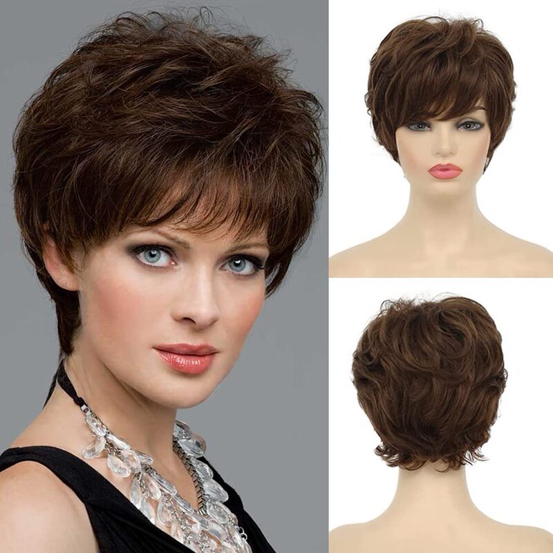 Women's Short Brown Elf Cut Wig with Bangs Full Head Cover Natural Synthetic Fluffy Layered Hair Wig