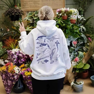 跨境亚马逊女式欧美卫衣尊重当地海洋印花秋冬宽松连帽衫现货批发