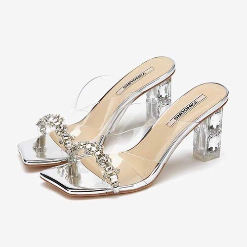 Women's Summer Casual Fashion Transparent Water Crystal Embellished One Strap High Heels with Outer Slides, Non-Slip