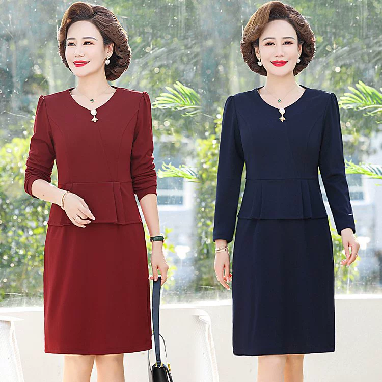 Маленькая мама платье весеннее платье среднего возраста длинные рукава юбка поддельные две модные женщины среднего и пожилого возраста весна и осень