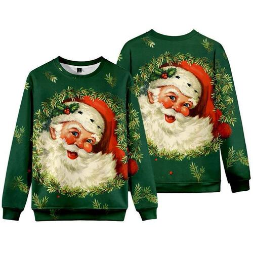 European and American new autumn and winter items Christmas 3D digital printing Santa Claus loose long sleeve round neck hoodie
