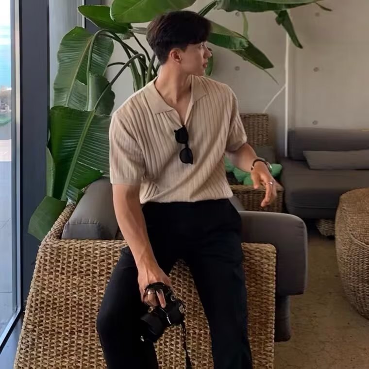 Verano nuevo estilo ins negocios ligero estilo cocido de alta calidad casual solapa delgado suéter de manga corta POLO para hombre