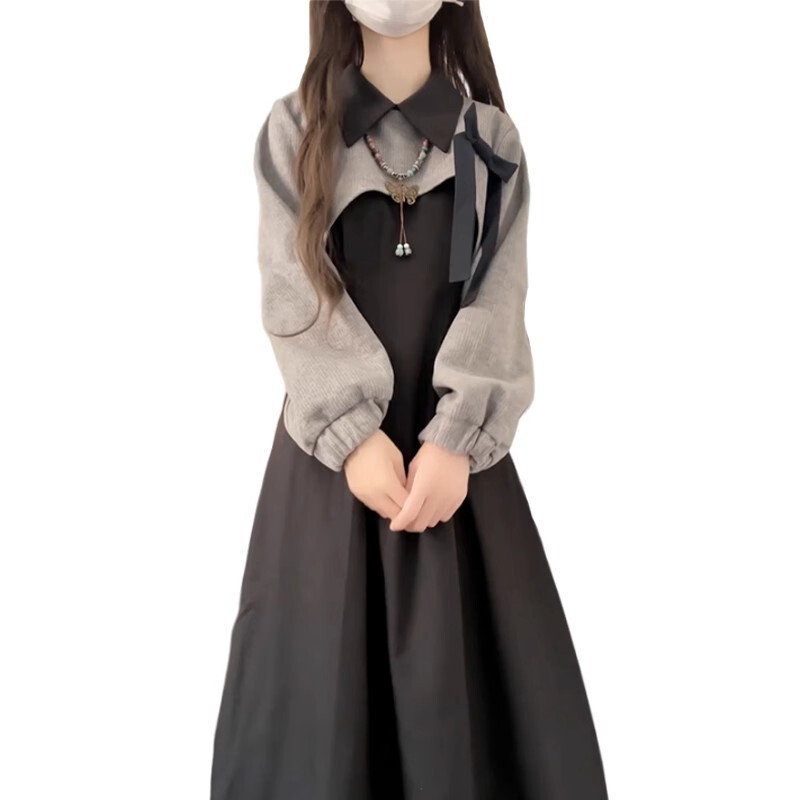 法式黑色长袖连衣裙子女秋冬季2025新款小个子入秋一整套穿搭套装|undefined