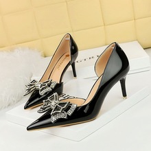 638-AH18 European and American Banquet Women's Shoes Thin Heel High Heel Lacquer Leather Shallow Mouth Pointed Side Hollow Rhinestone Bow Tie Single Shoe