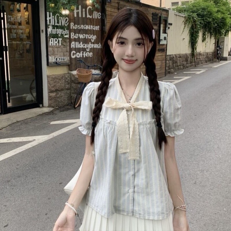 Korean Style Bow Chic Lace Short-Sleeved Striped Shirt for Women Spring and Summer Casual Sweet and Gentle Style Shirt Top