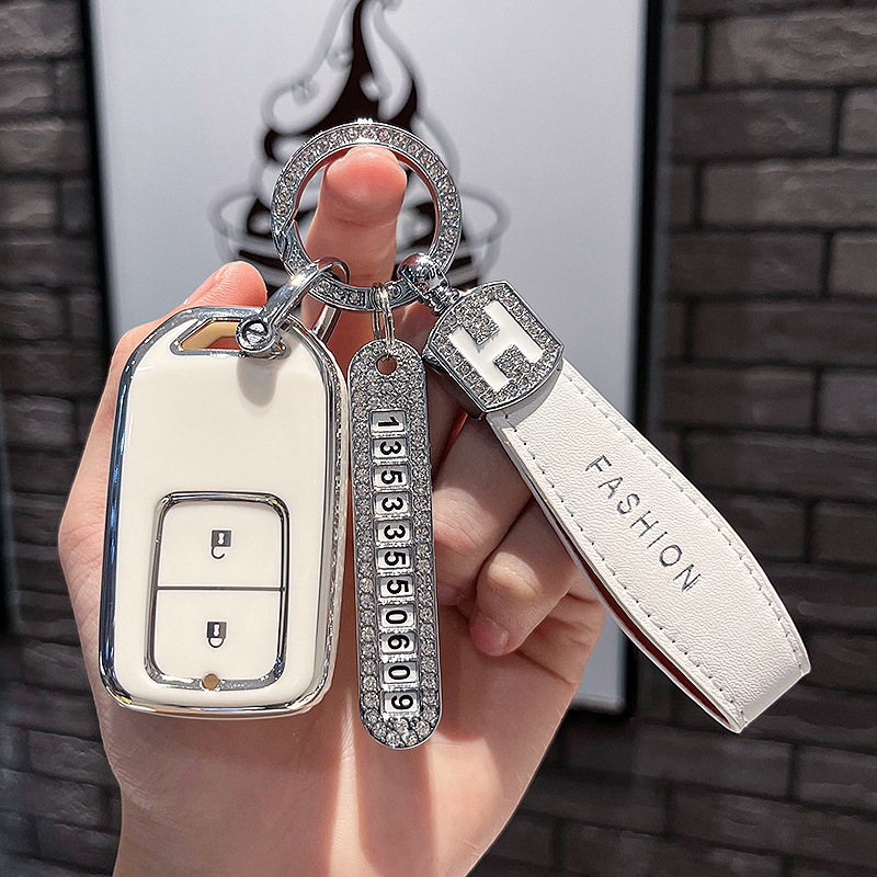 BT 키 타입 A - 스마트 2버튼 [싱글 쉘 화이트] + 화이트 H 가죽 로프 다이아몬드 버클 + 실버 번호판