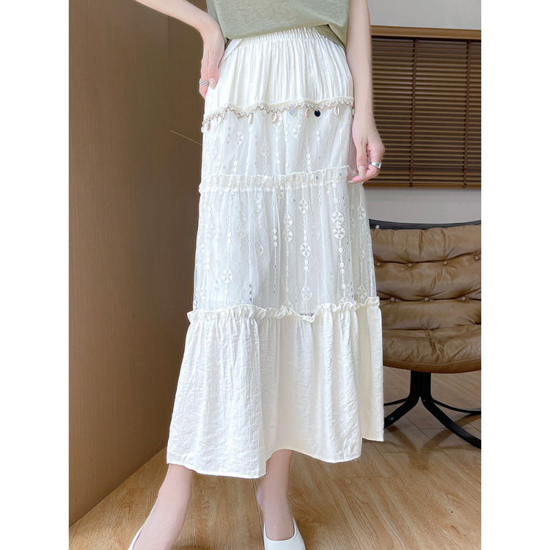 Wholesale Lace High-Waisted White Beach Skirt Three-Dimensional Embroidery Seaside Vacation Skirt Ruffled Skirt