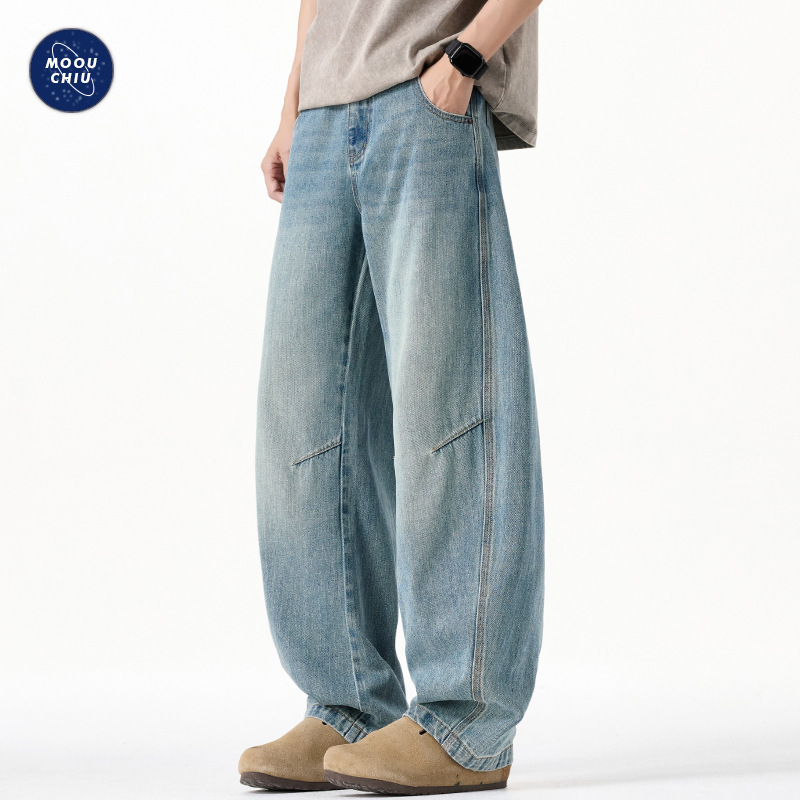 Muqiu Men's Clothing | American Street Style Retro Curved Washed Jeans for Men, Loose Baggy Wide-Leg Full Cotton Trousers
