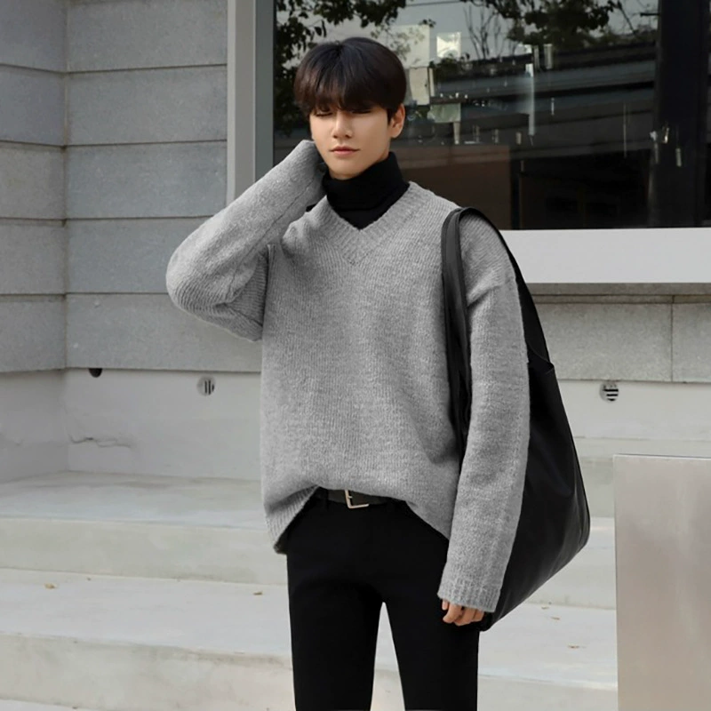 【Распродажа】Мужской свитер из мохера с V-образным вырезом, в корейском стиле, модный, свободного кроя, однотонный, базовая трикотажная одежда, утолщенный для зимы.