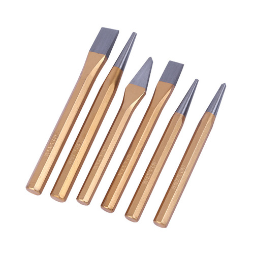 Supply industrial-grade chiseling set of 6, including flat chisel, iron punch, pointed chisel, wall chisel, and masonry driver.