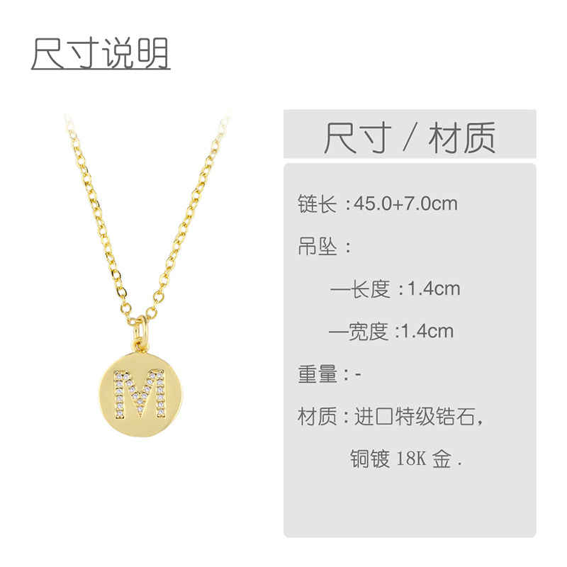 round card 26 letters pendant necklace with zircon clavicle chain
