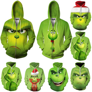 2020 new green hair monster Grinch with 3D digital printing sweater zipper cosplay peripheral hoodie
