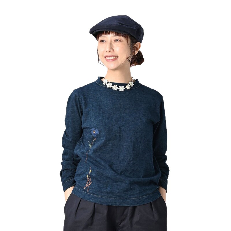 原工厂直供外贸服装靛蓝45R银莲花刺绣方形长袖T男女同款情侣长袖|undefined