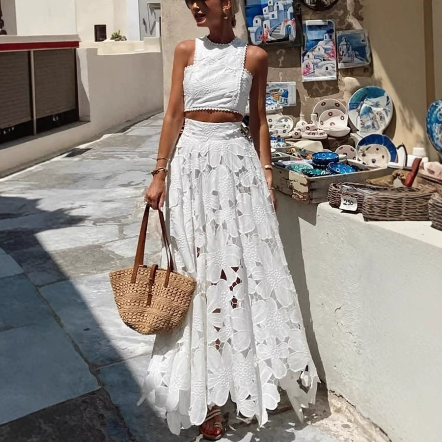 Набор из топа и юбки в стиле кэжуал с кружевными вырезами, новый европейский и американский дизайн 2025 года, для трансграничной внешнеторговой деятельности.