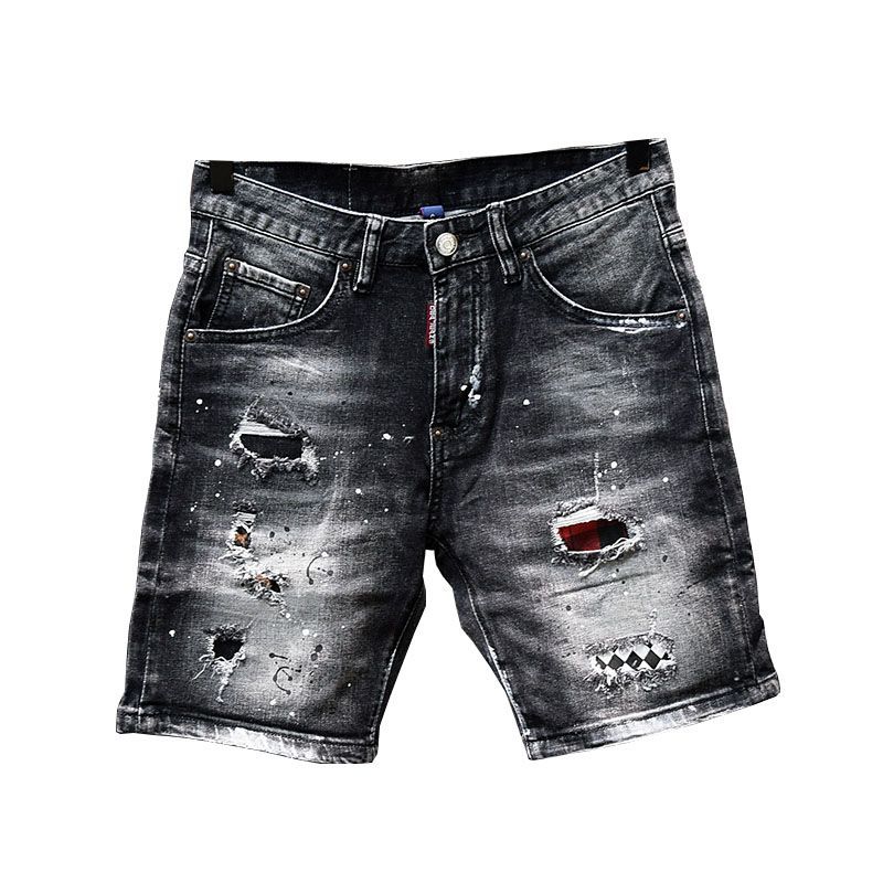 Men's Slim Fit Denim Shorts Trendy Stylish Spray Paint Ripped Patched Black Stretch Summer Five Point Pant_mkmklike.com
