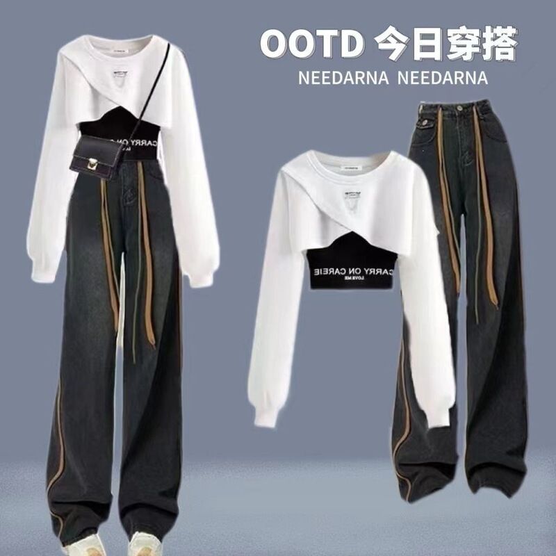 Trendy Korean-style three-piece outfit for autumn: a stylish set featuring a long-sleeved sweatshirt, jeans with a tie belt, and a halter top, creating a sweet and cool look Trendy Korean-style three-piece outfit for autumn: a stylish set featuring a long-sleeved sweatshirt, jeans with a tie belt, and a halter top, creating a sweet and cool look
