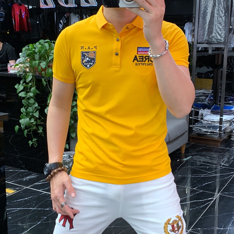 European Style Lapel T-Shirt Ice Silk Polo Shirt Collar Men's Short-Sleeve Top Breathable Collared Men's Letter Embroidery