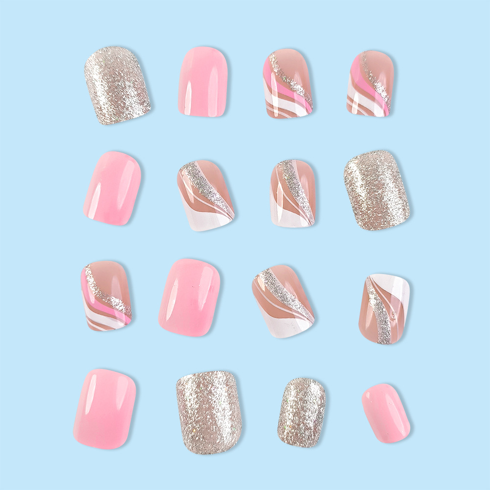 Polvo de plata entretejido de moda, uñas portátiles, venta caliente transfronteriza, uñas de uñas blancas simples, 24 piezas de brillo para embellecer las uñas