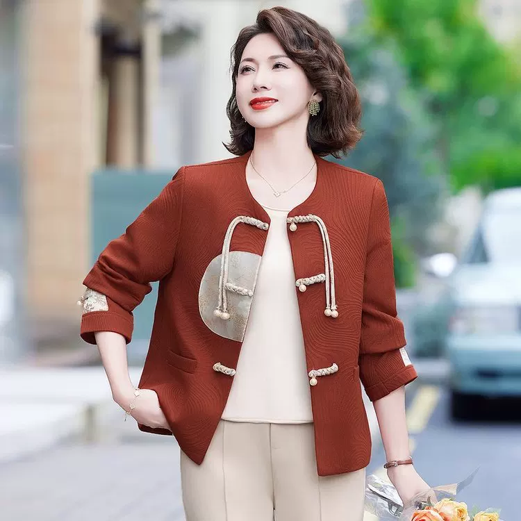Пуховой женский жакет-свитер Mother Jacket Cardigan в китайском стиле, круглый воротник, оранжево-красный или абрикосовый, размеры XL-5XL