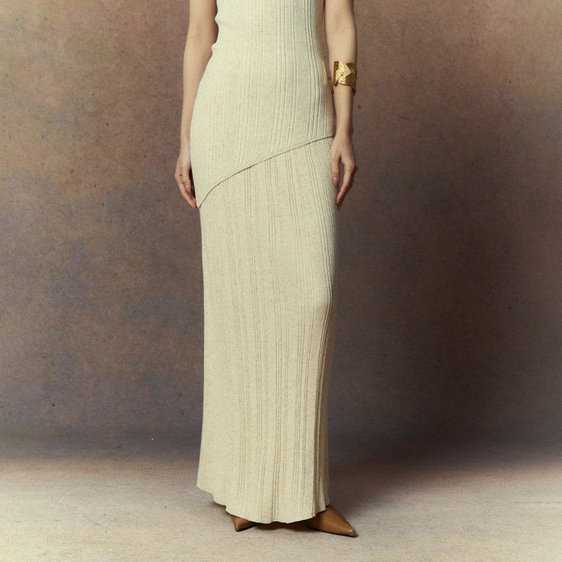 Uma White Soft and Stretchy Textured Ribbed Skirt, Elegant Commuter Style High-Waisted Long Knit Skirt