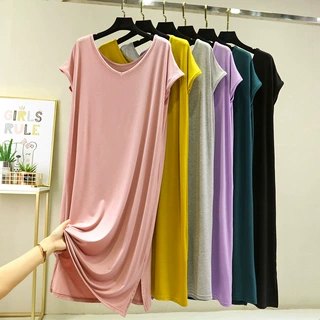 女夏季莫代尔睡裙中长款a字裙v领薄款大码时尚连衣裙过膝家居裙子