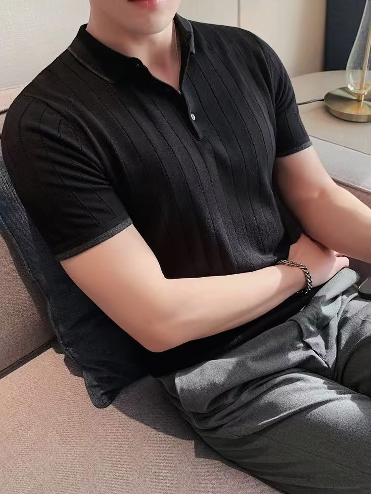 Nueva Camiseta de manga corta de seda de hielo a rayas casual ropa superior de los hombres delgados simples suéter de moda
