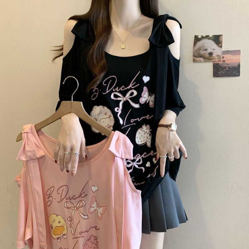 大きいサイズのリボンオフショルダー黒半袖Tシャツ女性用2025年夏新作ファットmmルーズスリミングトップ|undefined