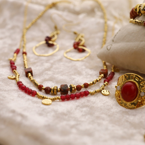 Red series beaded titanium steel necklace bracelet earrings non-fading niche high-end jewelry set cross-border