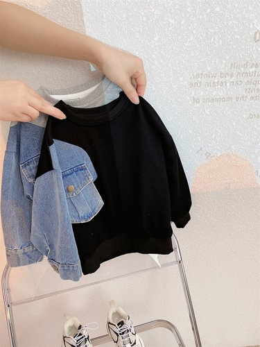 Boys Korean style denim spliced ​​sleeve loose sweatshirt  spring and autumn new style casual pullover for children and middle-aged children